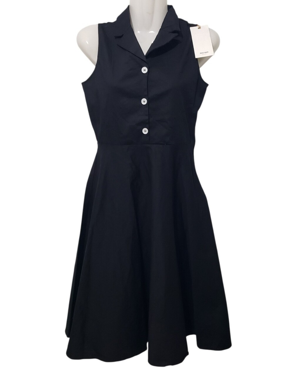 GRACE KARIN Black Collared Button-Front Fit & Flare Dress | 13-14Y